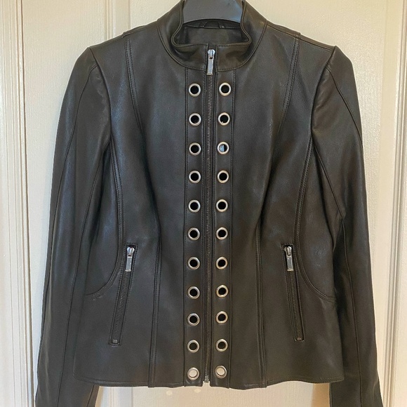 NWT Neiman Marcus Grommet-Trim Lamb Leather Moto - Picture 6 of 15